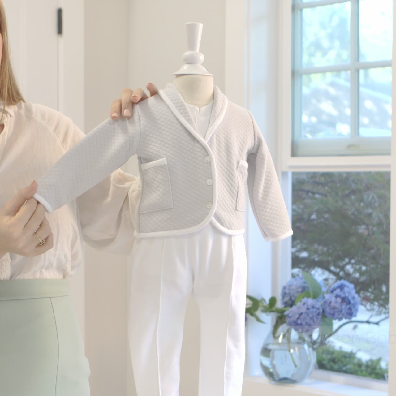 Video of the details on the Asher grey baby boy suit