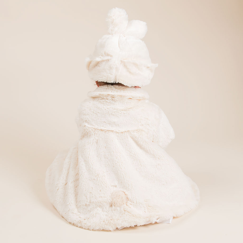 A baby dressed in the Glad Dreams Coat Set, featuring a fluffy white bear costume with ears and a pom-pom hat, sits facing away from the camera against a plain background—a truly unique baby gift.
