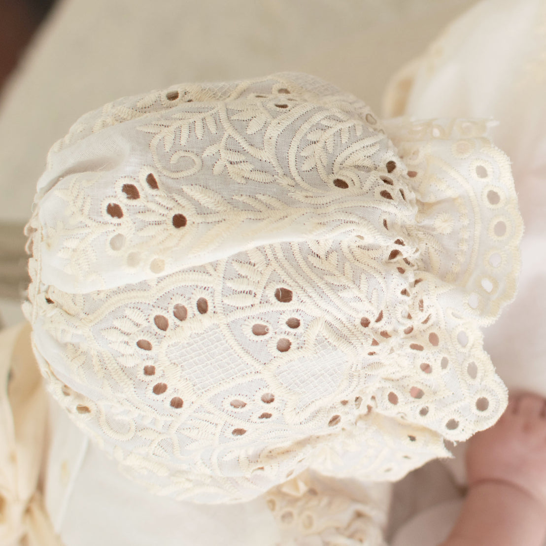Close up detail of Ingrid Bonnet showcasing the unique detail and sweet lace ruffles