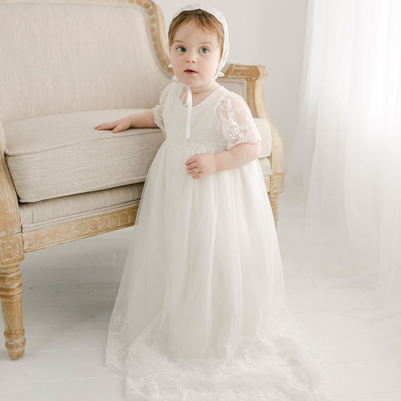 baby girl wearing Ella christening gown