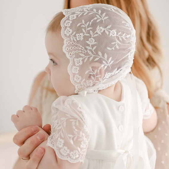 Ella Lace Bonnet on baby girl with mom