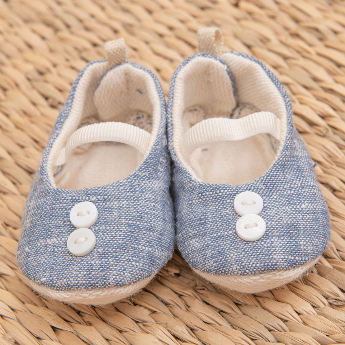 Flat lay photo of the blue Silas Linen Booties made from french terry cotton