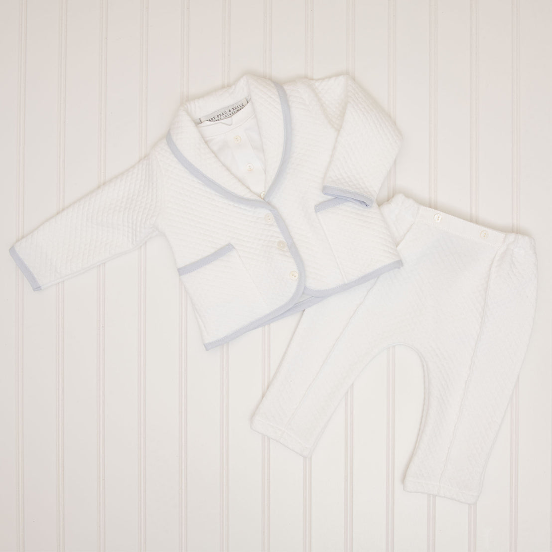 The Harrison Quilted Newborn Suit displayed with quilted pants, highlighting the full coordinated set.