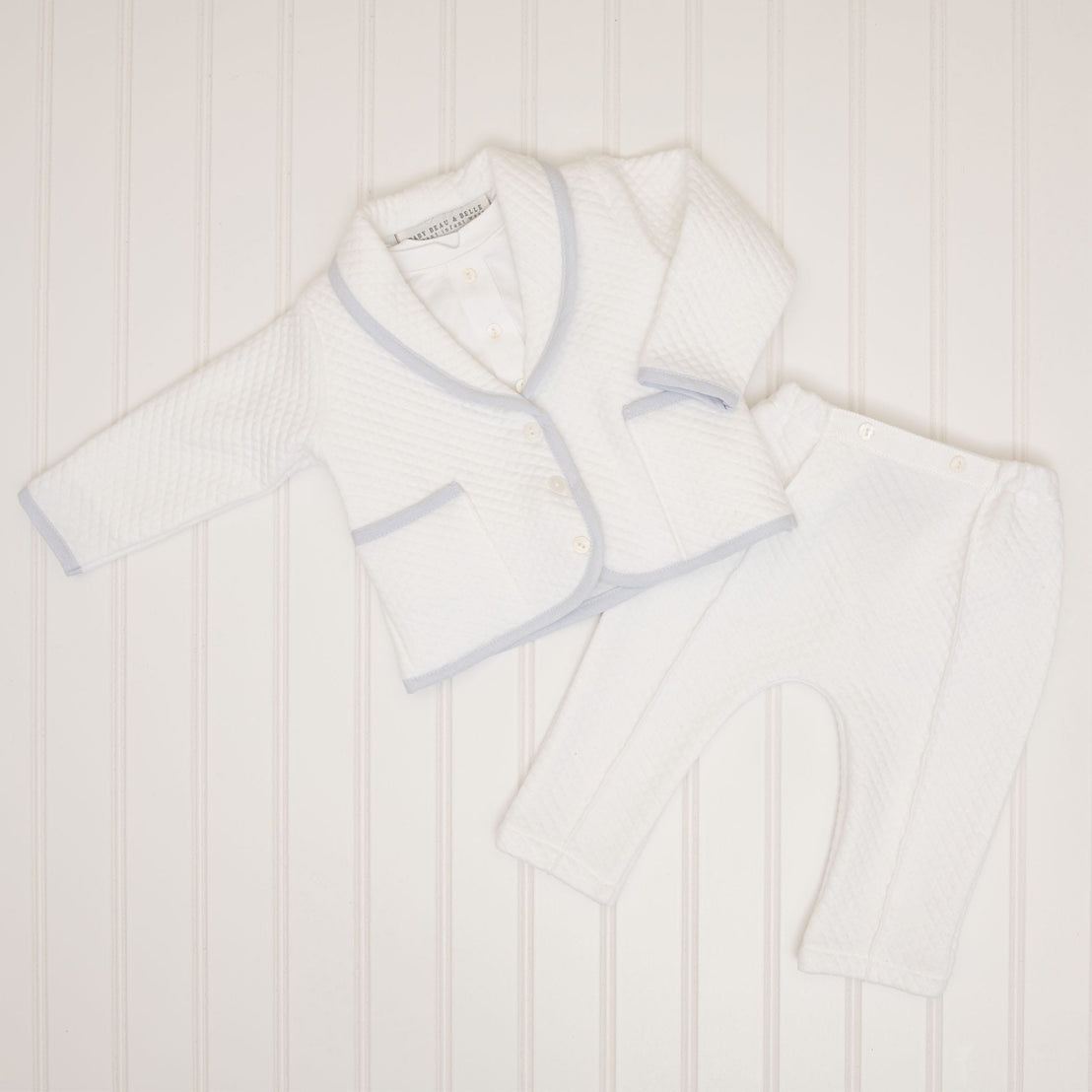 The Harrison Quilted Newborn Suit displayed with quilted pants, highlighting the full coordinated set.